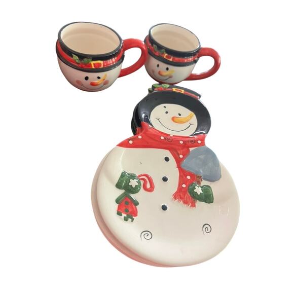 Set of 4 Snowman plates w 2 snowmen coffee mugs Christmas festive holiday - Picture 2 of 8